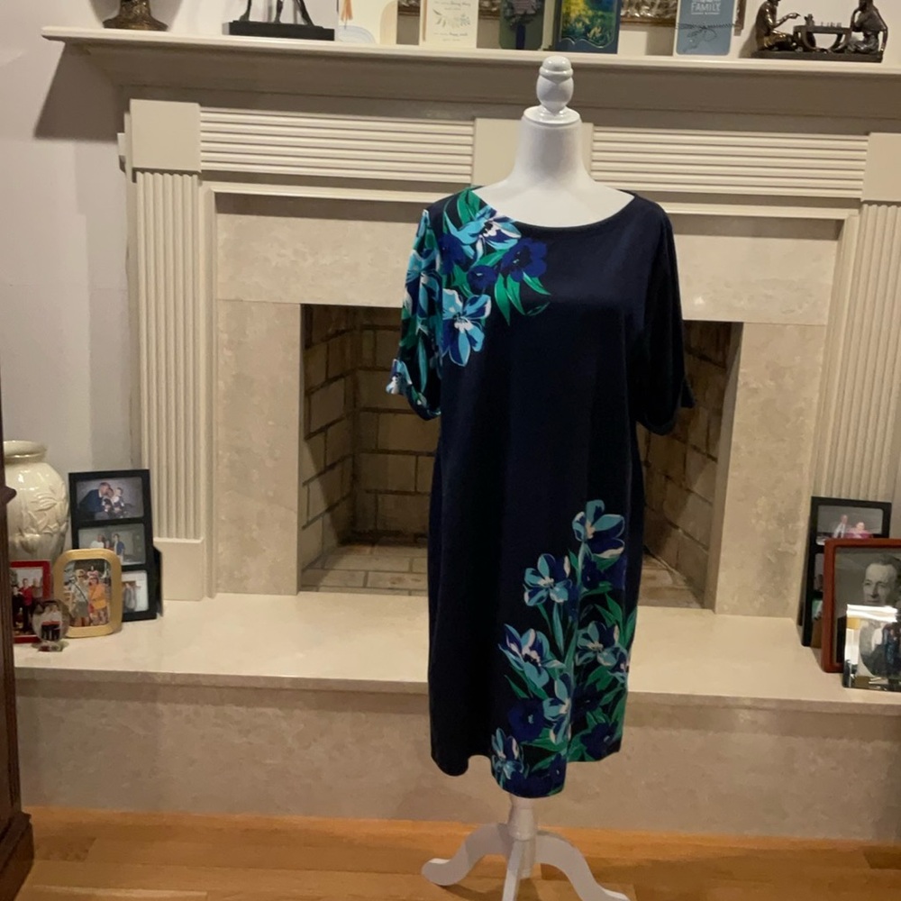 Karen Scott Navy Dress with Aqua and Light Blue Floral Trim. Size XL.
